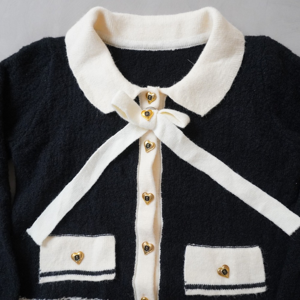 Vintage Style Cropped Cardigan Medium Black White Heart Button Bow Coquette - Picture 3 of 7